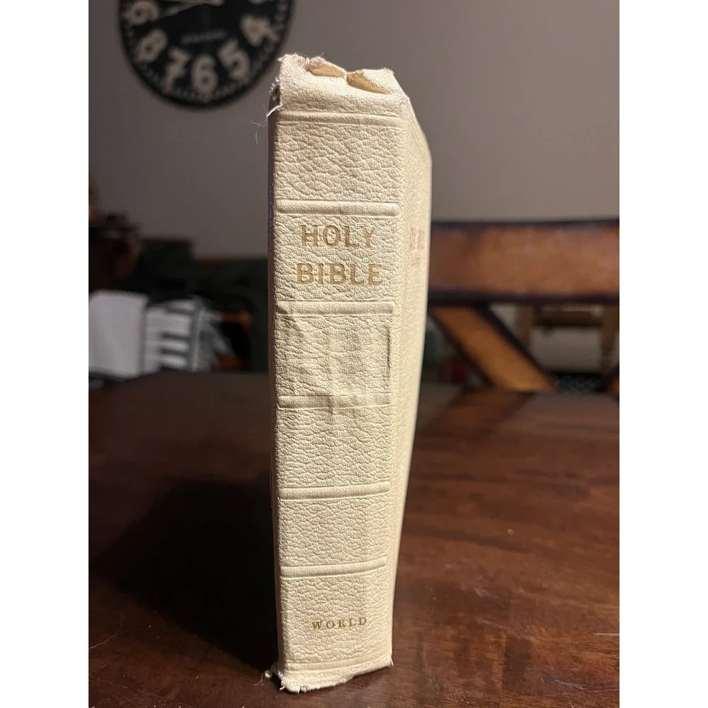 Vintage 1953 KJV Holy Bible World Publishing Illustrated White Cover Self-Pro